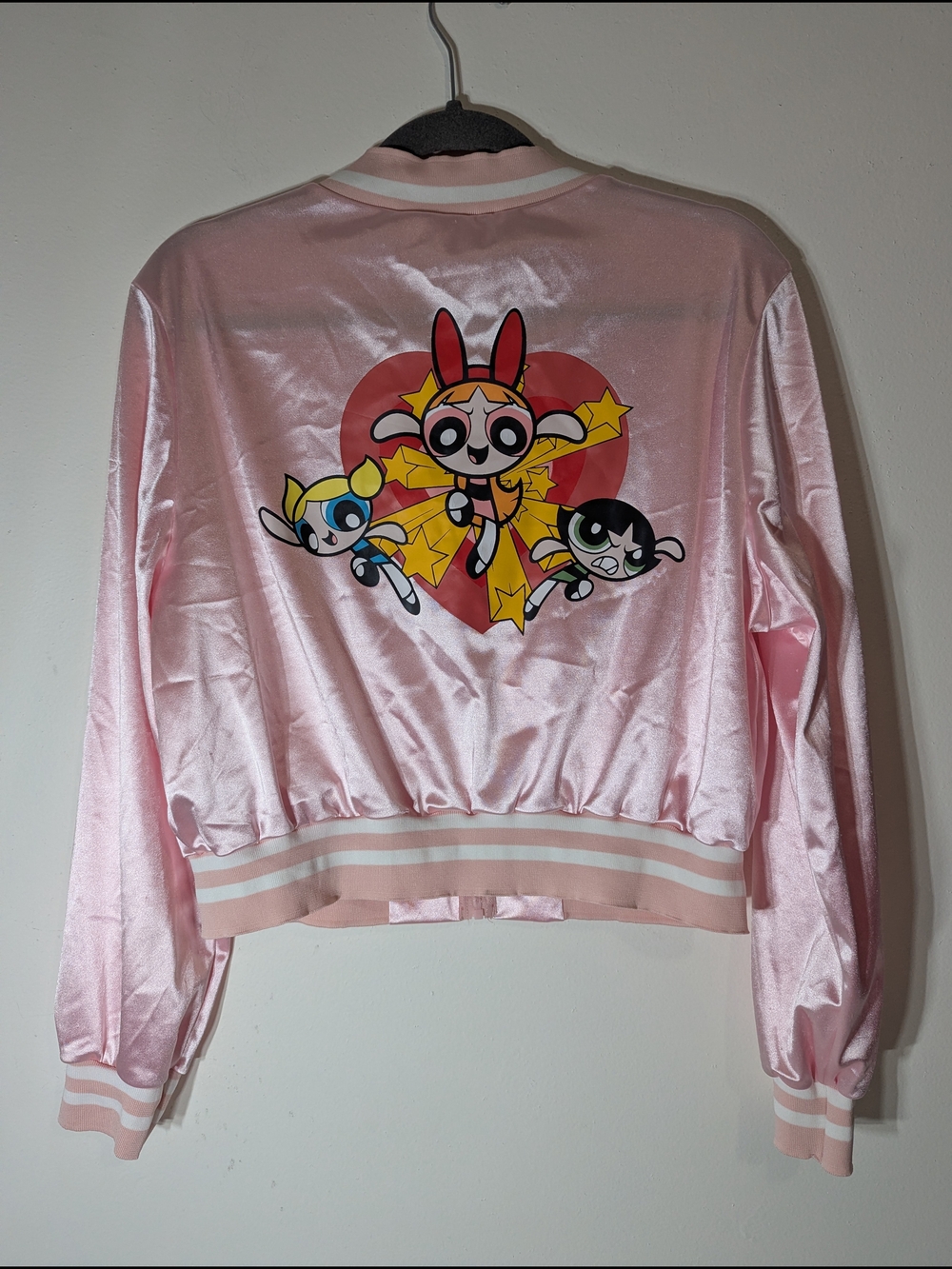Romwe x Cartoon Network Powerpuff Girls Pink Satin Bomber Jacket Size L Y2K